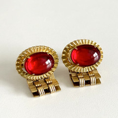 Vintage Red Glass Cabochon Gold Tone Oval Bullet Back Cufflinks