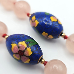 VINTAGE Rose Quartz Bead Necklace Pink Cloisonne Floral Spacer Knotted 32in