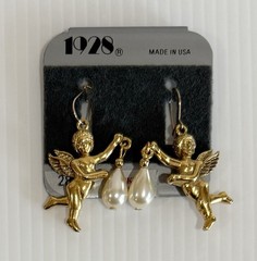 VTG 1928 Cherub Drop Faux Pearl Dangle French Wire Pierced Earrings 14K GF Wire