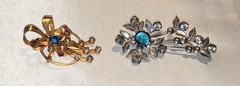 Lot Of 2 VTG Floral Brooches Pins Sterling Silver And Gold Tone Blue Crystals