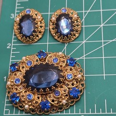 Vintage West Germany Brooch And Clip On Earrings Blue Rhinestones Faux Pearls