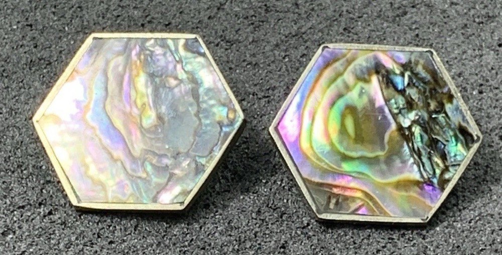 Alpaca Silver Hexagon Abalone Clip-on Earrings, Vintage! Unique! Unsigned!