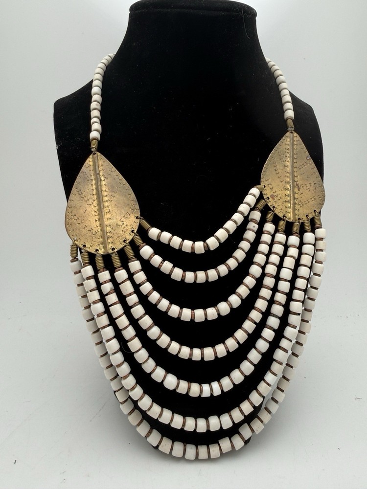 Tribal Bib Necklace White Bone Look Beads Brass Multi Strand Boho Ethnic Vintage