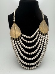 Tribal Bib Necklace White Bone Look Beads Brass Multi Strand Boho Ethnic Vintage