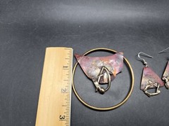 Vintage Copper Metal Earring And Brooch Pin Jewelry Set Handmade Art Soldered