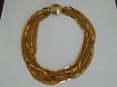Vintage Mid Century Multi Strand Layered Fancy Link Choker Necklace Gold Tone