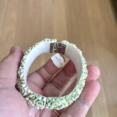 Vintage Bracelet Molded Plastic Green Celluloid Flower Rhinestone Clamper Hinged