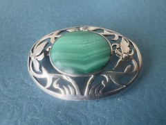 Vintage Navajo .925 Sterling Silver And Malachite Floral Frame Brooch