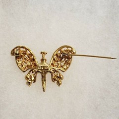 Vintage Signed LIA Designer Butterfuly Brooch Pin w Red Rhinestones Secure Clasp