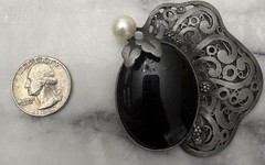 Vintage Filigree Silver Tone Black Onyx Pearl Brooch Antique Large