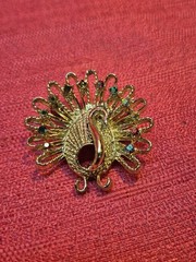 Vintage Gold Tone Peacock Brooch Rhinestone Costume Jewelry Missing Stones