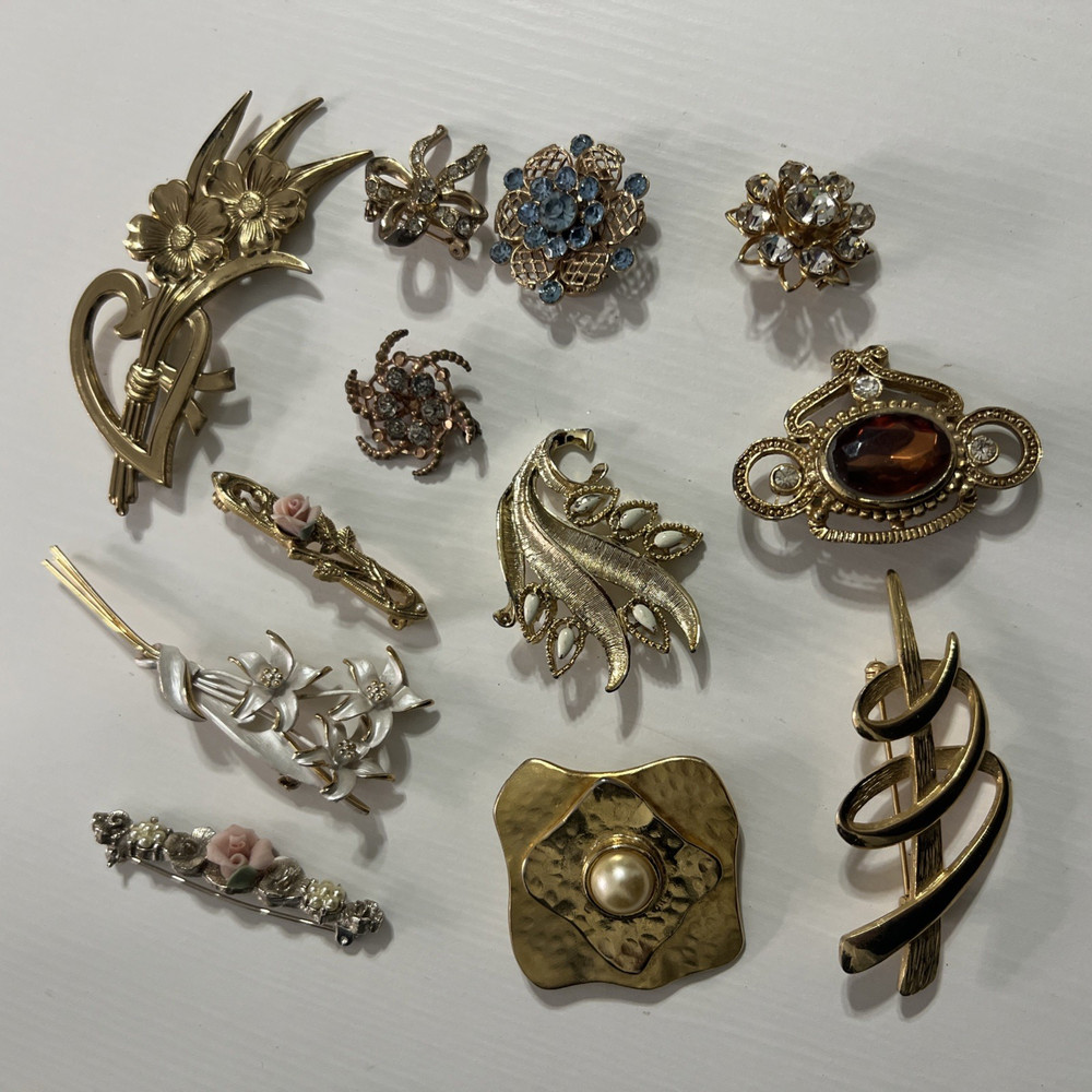 Vintage 12 Brooch Collection | Mix Lot Rhinestones Gold Silver Tone Floral