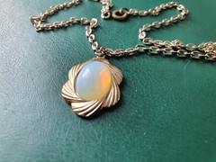 Vintage Jewelry, Cream Stone Pendant with Chain, Antique Jewelry, Made in USSR