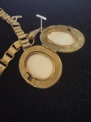 1930’s Brass Etruscan Revival Locket on Book Chain Very Ornate w/earrings