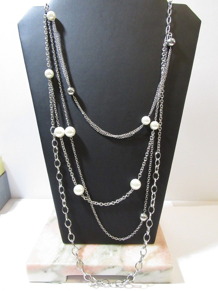 NECKLACE “BB” BALL PREMIERE DESIGN SILVER PLATE AND FAUX PEARL MULTISTRAND