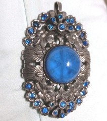 Art Deco Pendant Blue Focal W Rhinestone Accents Silver Tone Pot Metal Floral