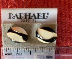 Vintage Raphael Black/White/Gold tone Enamel Pierced Earrings 14 kt Posts