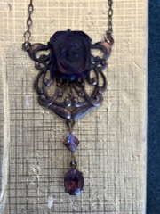 Vintage Art Nouveau Brass Cameo Pendant Necklace Purple Oval Glass 17in