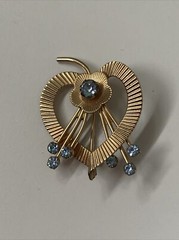 Vintage Heart Brooch A & Z 120 12k Gold Filled Blue Rhinestones 1.5”