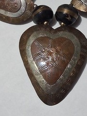 Vintage Hammered Copper And Brass Graduated Hearts/ Beads Statement Necklace