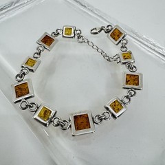 Vintage Sterling Silver Amber Link Bracelet 8.5-9.75” Adjustable 13.7g
