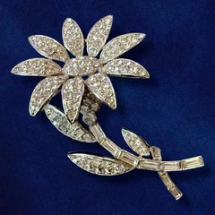 Rhinestone Flower Brooch Signed ORA Rhodium 1940s Large Vintage Pin 3 Inch
