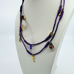 VTG Purple Silk Cord Multi Charm Layered Necklace Gold Tone Key Heart Italian