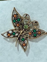 Butterfly Pin, Antique Gold-tone adorned with Faux Coral & Green Cabochons