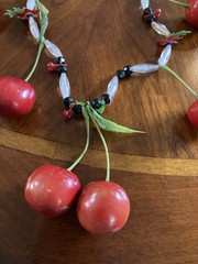 Vintg Cherry Dangle Necklace Red Lucite Early Plastic FruitSalad MCM 28” Kitschy