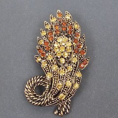 Vintage Yellow Brown Crystal Rhinestone Floral Big Brooch Pin Pendant Gold Tone