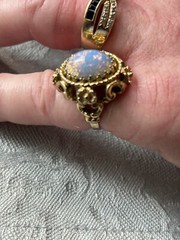 Vintage 18K Signed H.G.E. Victorian Style Faux Fire Opal Solitaire Band Ring 7