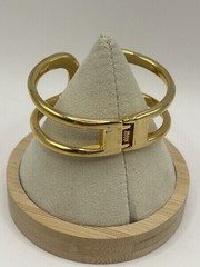 Vintage Gold Tone Modernist Hinged Cuff Bracelet Abstract Statement Spring Clasp