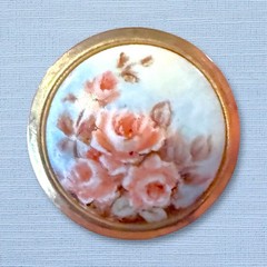Porcelain Floral Brooch Gold Tone Round Pink Rose Vintage Pin