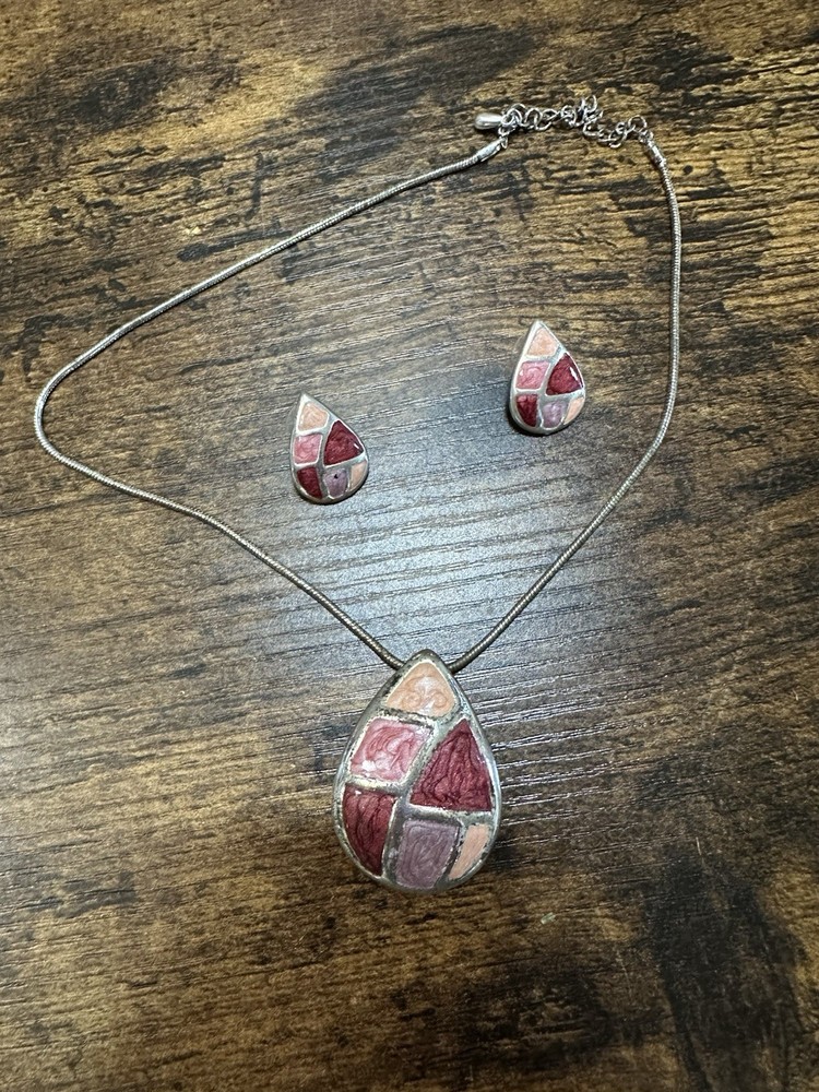KC Signed Mosaic Teardrop Necklace & Earrings Set Pink Red Enamel