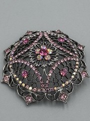 Vintage Pink Black Rhinestone Filigree Brooch Silver Tone Gothic Mandala READ