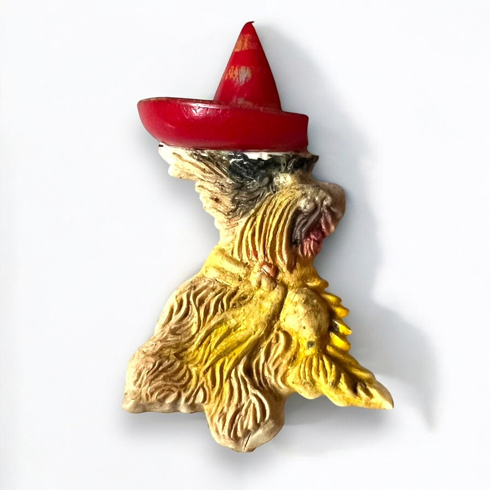 Scottie Dog Brooch Vintage Celluloid Red Sombrero Hat Novelty Figural Pin 1940s