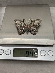 Vintage M Sterling Silver Garnet & Marcasite Filigree Butterfly Brooch 2″