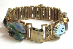 Vintage 1950’s-60’s Opaline Navette Cabochon Rhinestone Glass Gold Tone Bracelet