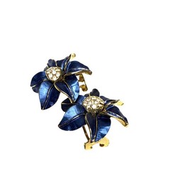 Vintage Blue Gold Flower Clip-On Earrings Rhinestone Center Statement Jewelry