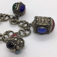 MCM VTG Etruscan Mediterranean Silver 800? Charm Bracelet 54g 8.5″ Turquoise