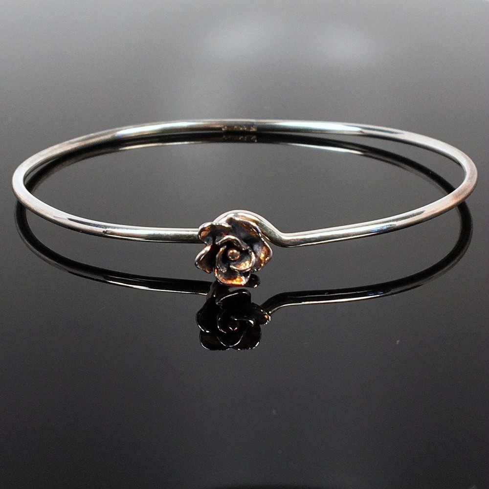 Sterling Silver Rose Bangle Charm Bracelet Flower Design Stacking Vintage NOS