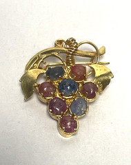 Vintage Gold Tone Ruby Sapphire Grapes Brooch Pin Fruit Cluster 1″ 7g