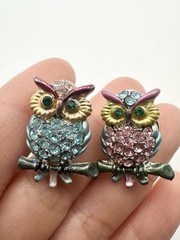 Silver Tone Rhinestone Owl Pin Set