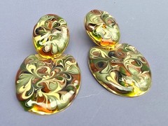 Vintage Abstract Swirl Earrings Enamel Gold Tone Pierced Green Browns