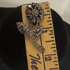Vintage CZ Amethyst Marcasite 925 Sterling Silver Flower Brooch Pin 1.75 In 8.2g