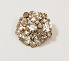 Vintage Schreiner Clear Rhinestone Layered Button Bar Shank Gold Tone