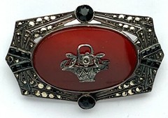 Art Deco Sterling Silver Carnelian Marcasite Brooch | 12 grams