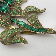 Vintage Pot Metal Dress Clip Flower Gold Tone Green Rhinestones 3″