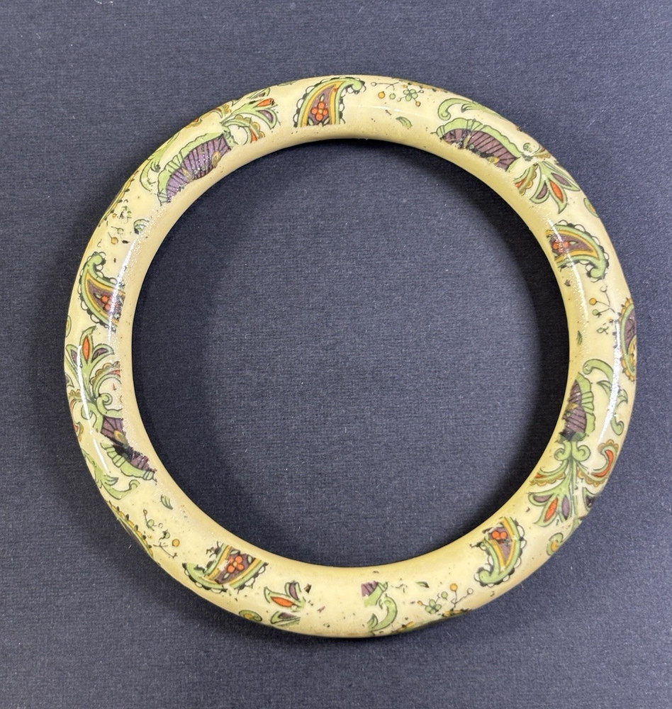 Vintage Japanese Ceramic Bangle Bracelet Beige Tan Paisley Floral