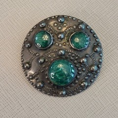 Vtg Sterling Silver Round Brooch 3 Malachite Stones Southwest Textured Drops